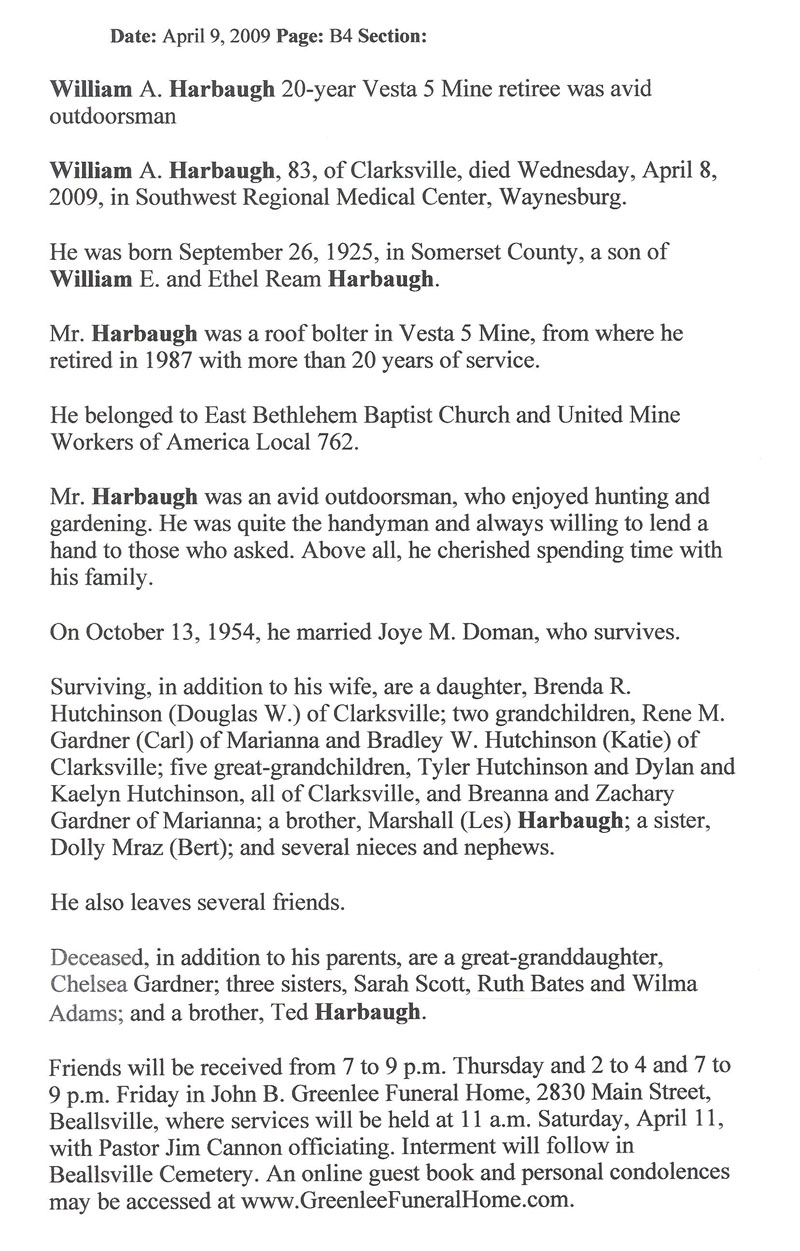 William A. Harbaugh obit